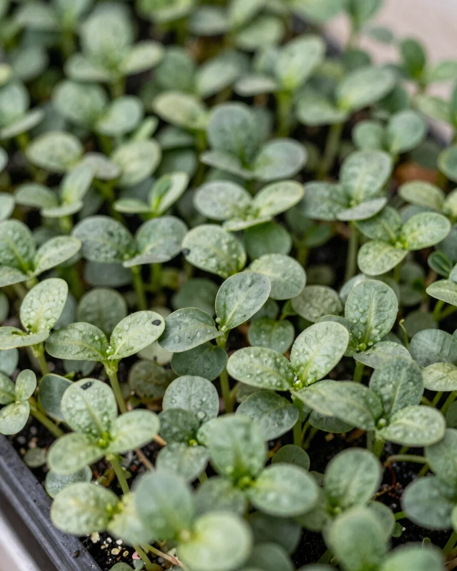 Realistic overhead editorial photograph of fresh microgreen trays