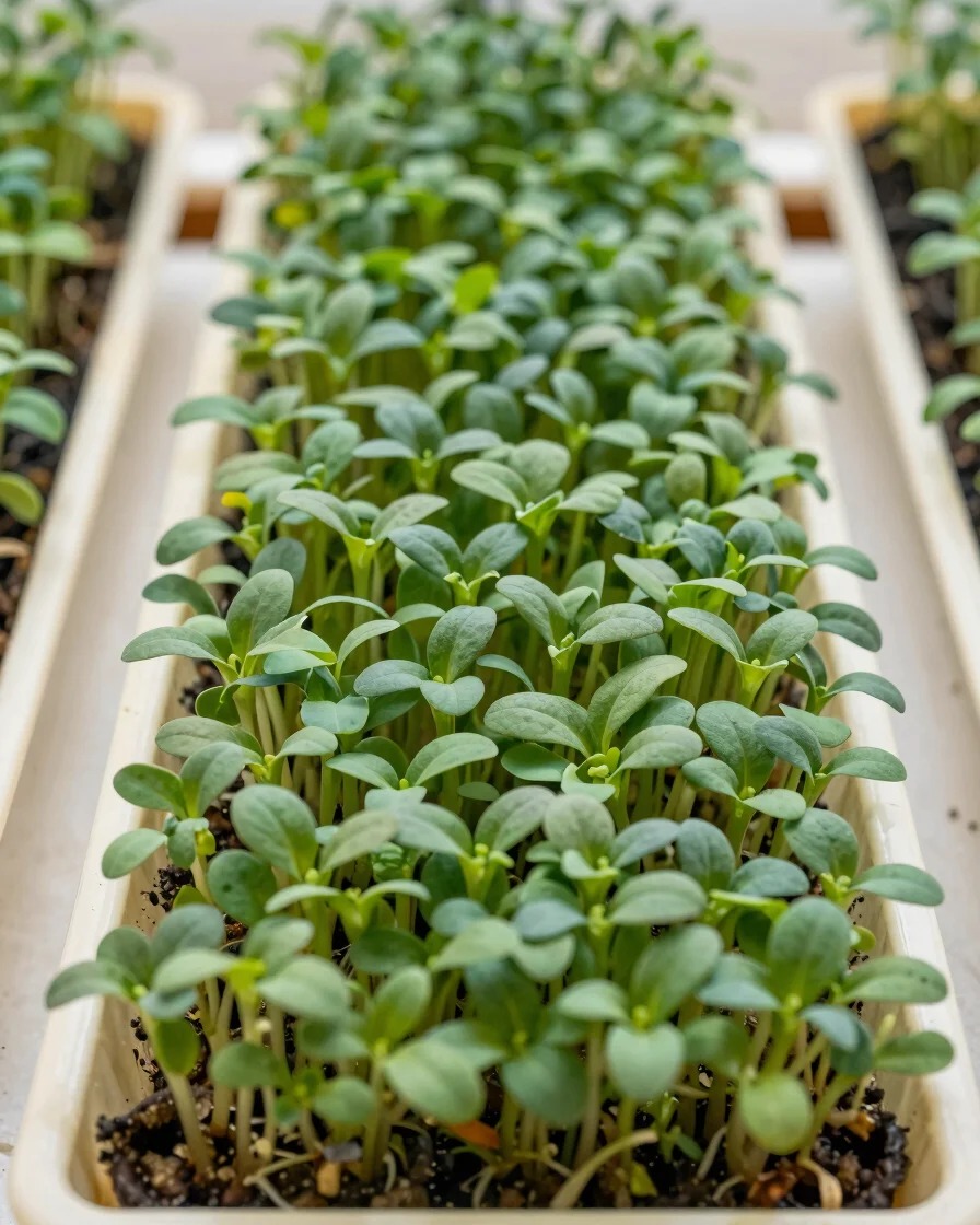 Realistic editorial photograph of a vertical indoor microgreens rack with trays of bright green sprouts under soft natur