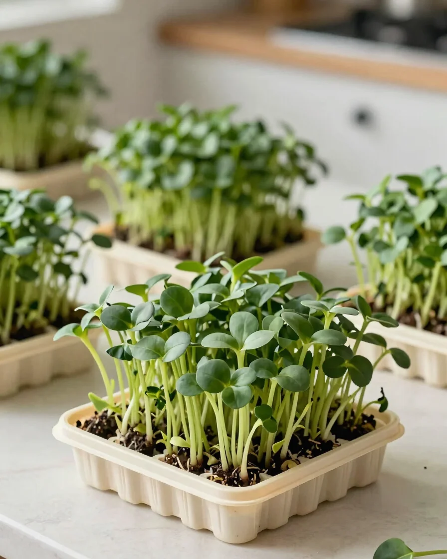 Realistic editorial close-up of fresh microgreen trays on a clean